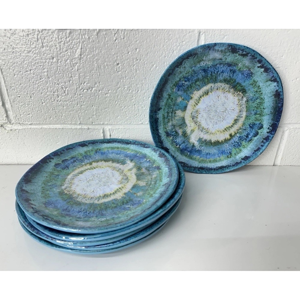 Williams Sonoma Reactive Blue Teal 11" Dinner Plate Melamine Starburst Lot Of 6